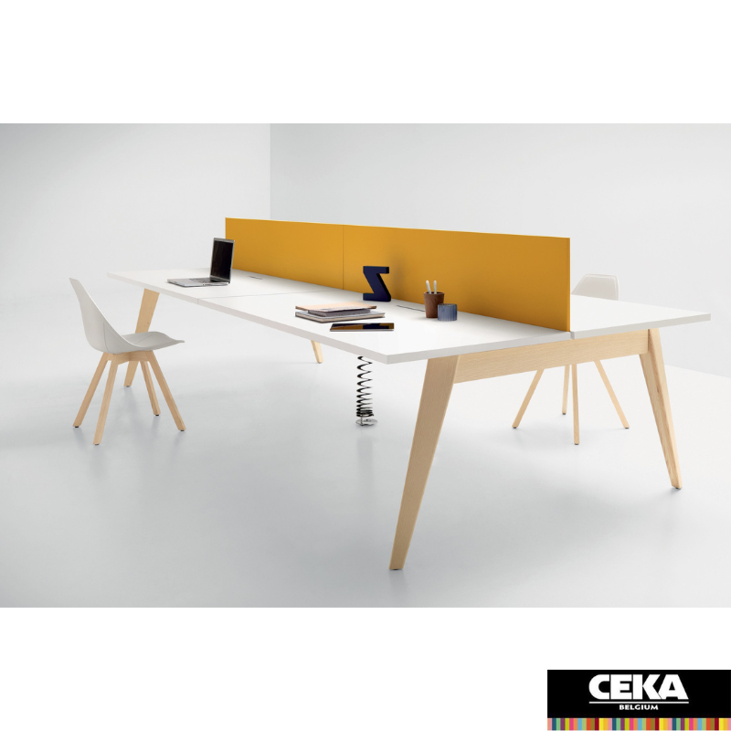 bureau bench pigreco pieds bois 4 postes cloison jaune moutarde plateau blanc