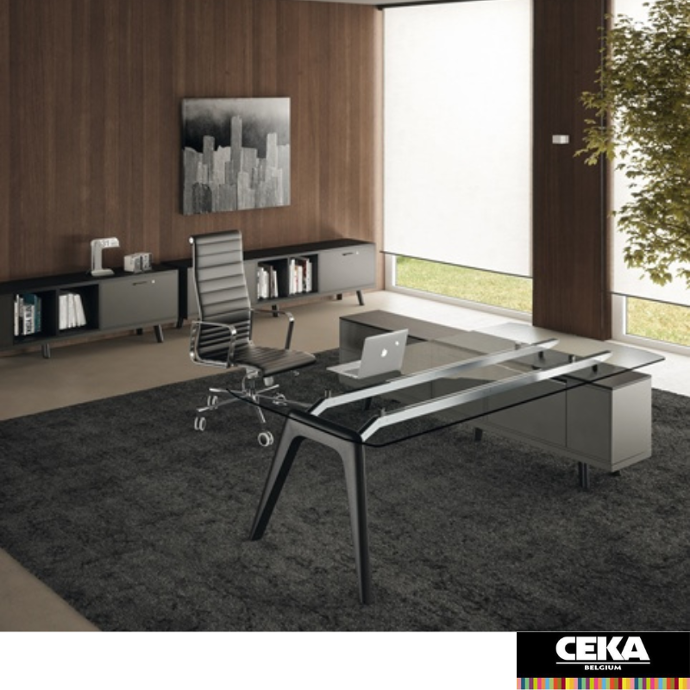 bureau direction rail bralco plateau verre pieds bois