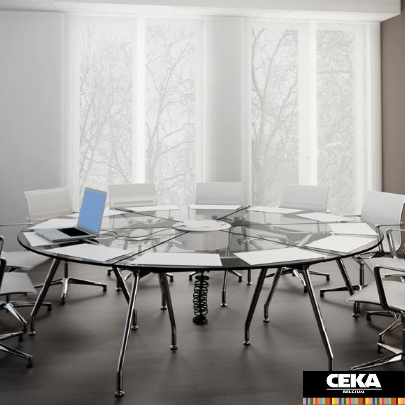 table réunion unitable icf plateau verre pieds chrome électrification