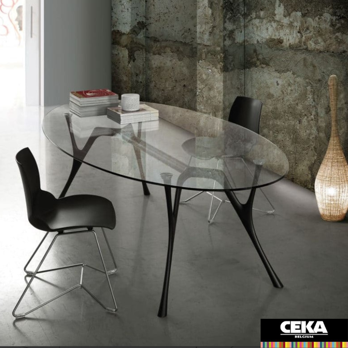 table réunion pieds design plateau verre chrome